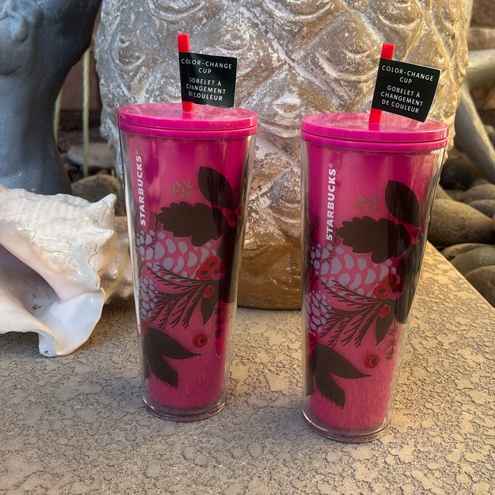 2 Starbucks Pink Poinsettia 2021 Holiday Venti Cup Color Change Tumbler 24oz